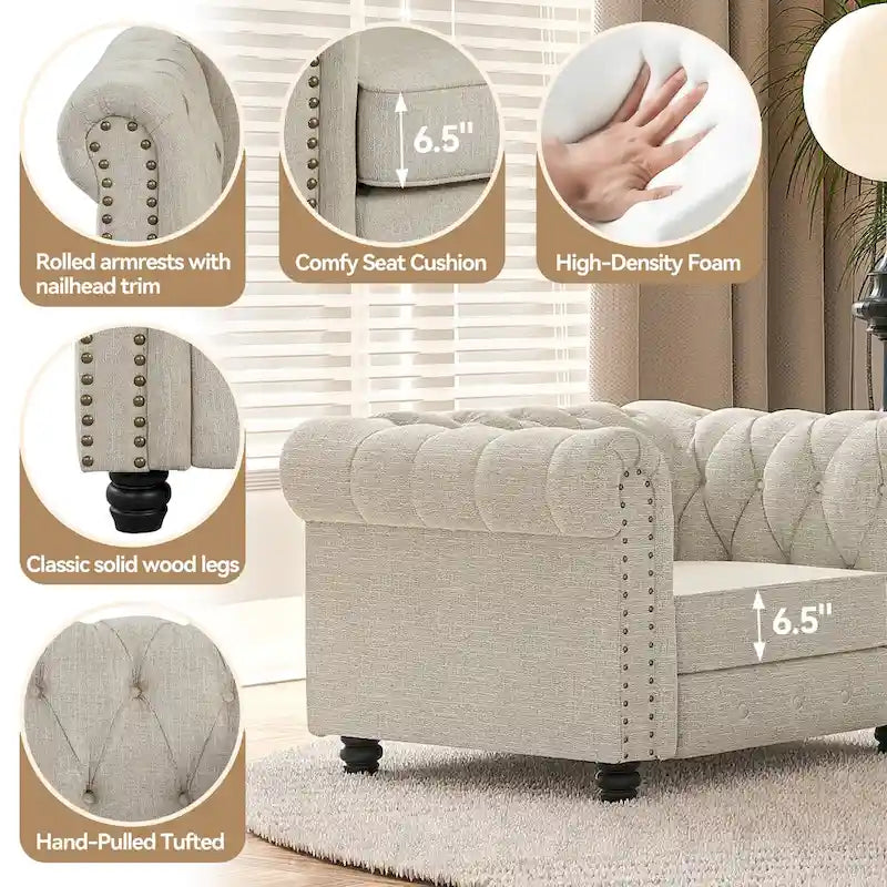 Set di sedie, divanetto e divano Chesterfield imbottiti con bottoni Morden Fort, 3 pezzi per il soggiorno, in lino, con gambe in legno massello