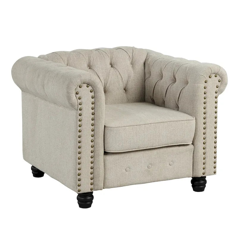 Set di sedie, divanetto e divano Chesterfield imbottiti con bottoni Morden Fort, 3 pezzi per il soggiorno, in lino, con gambe in legno massello