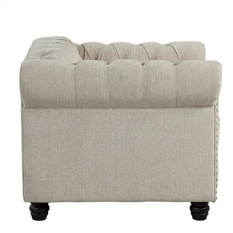 Set di sedie, divanetto e divano Chesterfield imbottiti con bottoni Morden Fort, 3 pezzi per il soggiorno, in lino, con gambe in legno massello