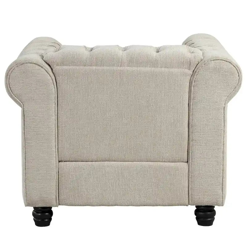 Set di sedie, divanetto e divano Chesterfield imbottiti con bottoni Morden Fort, 3 pezzi per il soggiorno, in lino, con gambe in legno massello