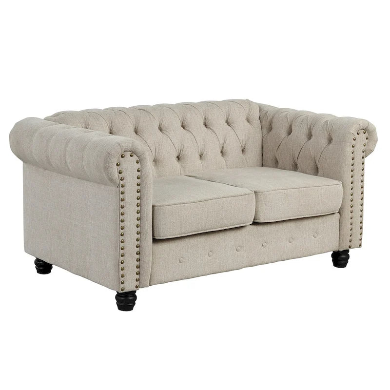 Set di sedie, divanetto e divano Chesterfield imbottiti con bottoni Morden Fort, 3 pezzi per il soggiorno, in lino, con gambe in legno massello