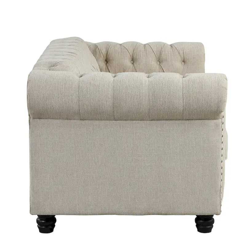 Set di sedie, divanetto e divano Chesterfield imbottiti con bottoni Morden Fort, 3 pezzi per il soggiorno, in lino, con gambe in legno massello