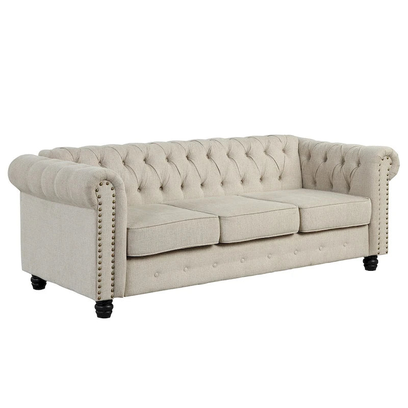 Set di sedie, divanetto e divano Chesterfield imbottiti con bottoni Morden Fort, 3 pezzi per il soggiorno, in lino, con gambe in legno massello