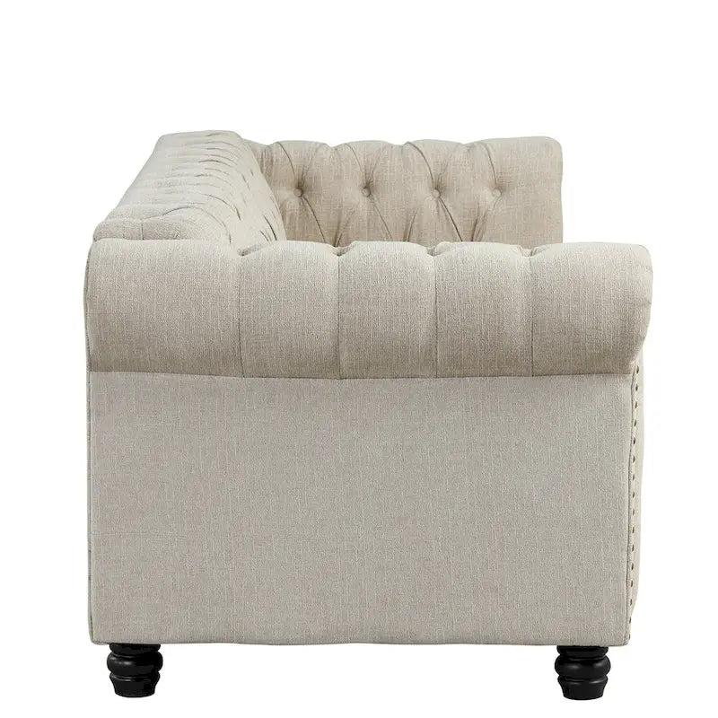 Set di sedie, divanetto e divano Chesterfield imbottiti con bottoni Morden Fort, 3 pezzi per il soggiorno, in lino, con gambe in legno massello
