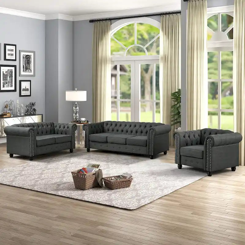 Set di sedie, divanetto e divano Chesterfield imbottiti con bottoni Morden Fort, 3 pezzi per il soggiorno, in lino, con gambe in legno massello