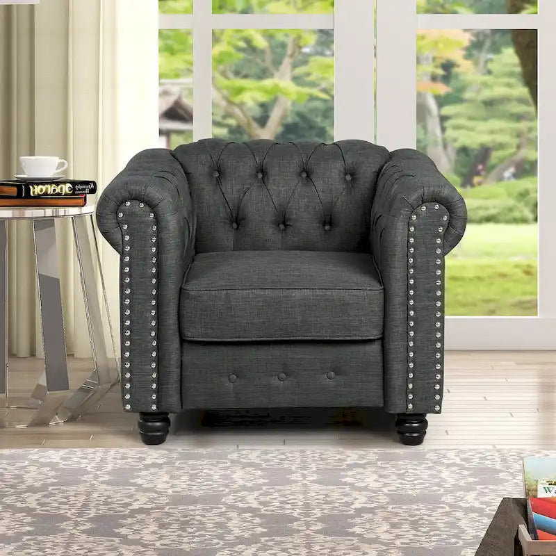 Set di sedie, divanetto e divano Chesterfield imbottiti con bottoni Morden Fort, 3 pezzi per il soggiorno, in lino, con gambe in legno massello