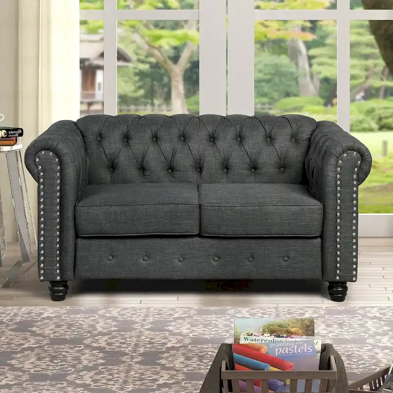 Set di sedie, divanetto e divano Chesterfield imbottiti con bottoni Morden Fort, 3 pezzi per il soggiorno, in lino, con gambe in legno massello