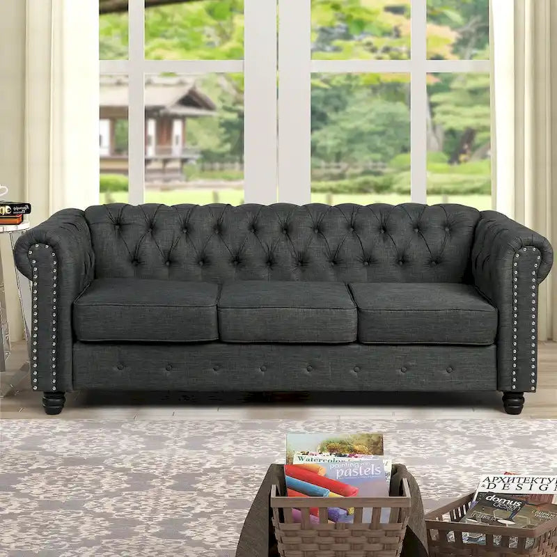 Set di sedie, divanetto e divano Chesterfield imbottiti con bottoni Morden Fort, 3 pezzi per il soggiorno, in lino, con gambe in legno massello