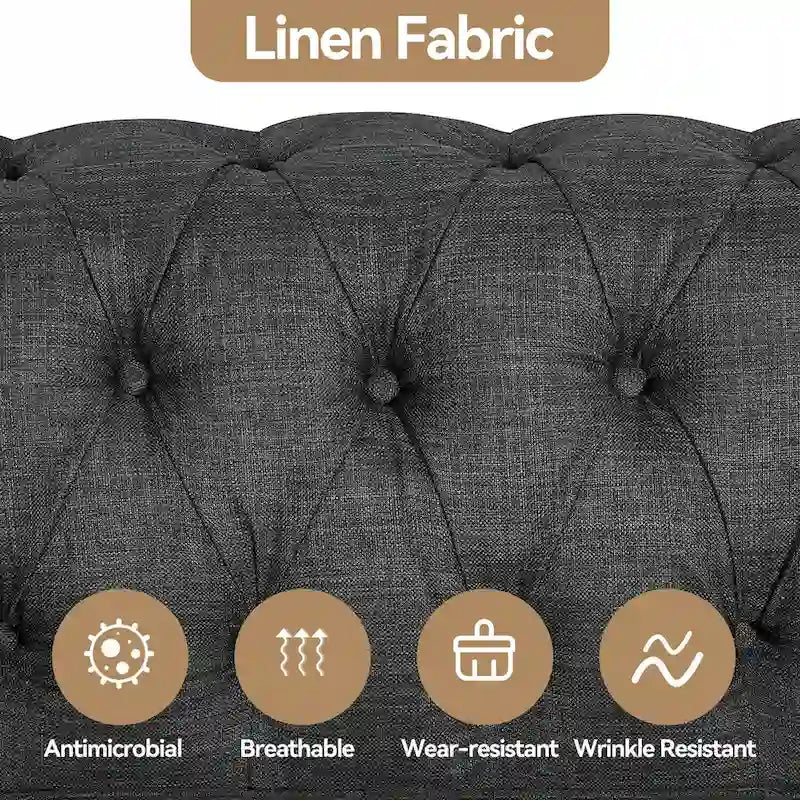 Set di sedie, divanetto e divano Chesterfield imbottiti con bottoni Morden Fort, 3 pezzi per il soggiorno, in lino, con gambe in legno massello