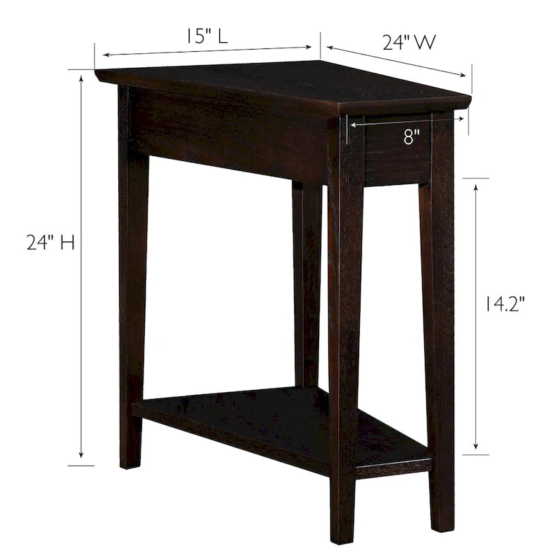 Teegan bijzettafel van massief hout met wigvormige verstelbare fauteuilzijde en plank