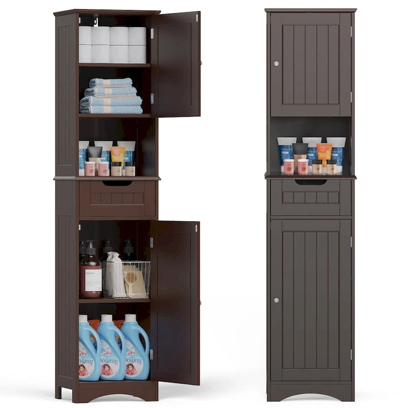 67 Tall Bathroom Narrow Linen Cabinet, 5 Tiers Solid Wood Freestanding Storage Cabinet