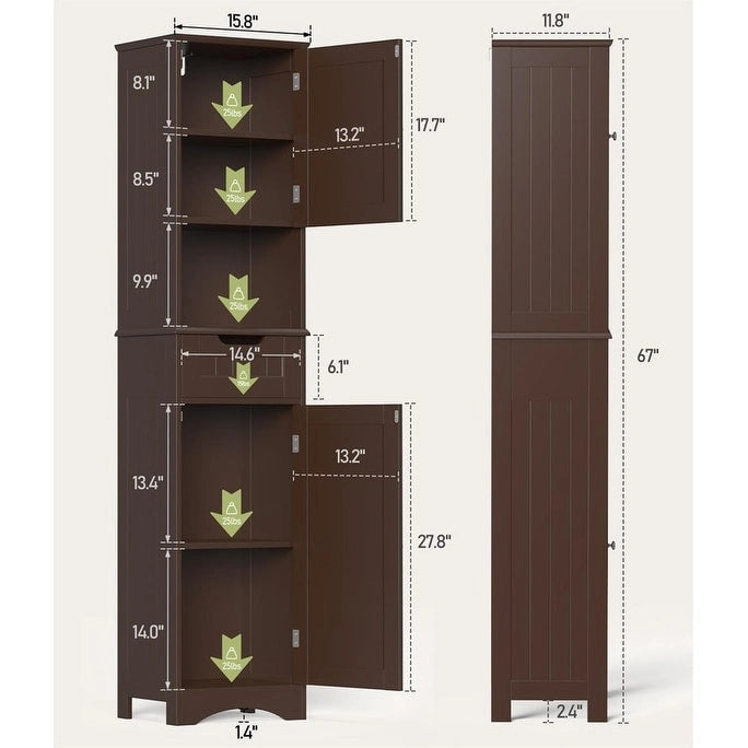 67 Tall Bathroom Narrow Linen Cabinet, 5 Tiers Solid Wood Freestanding Storage Cabinet