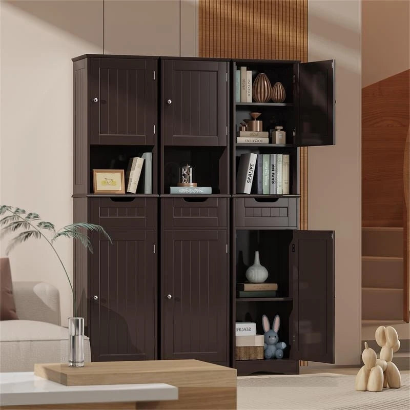 67 Tall Bathroom Narrow Linen Cabinet, 5 Tiers Solid Wood Freestanding Storage Cabinet