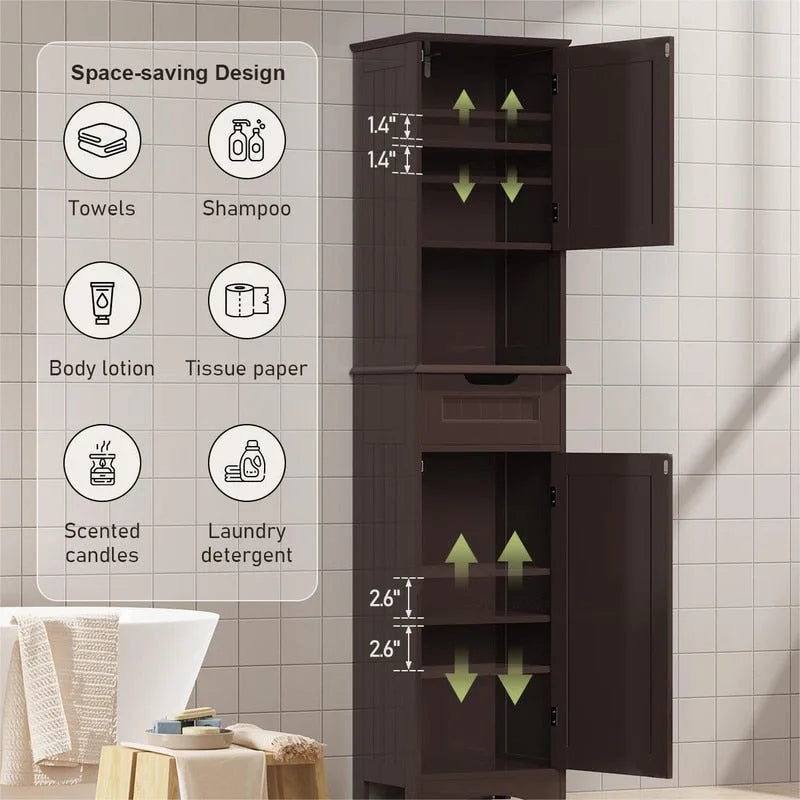67 Tall Bathroom Narrow Linen Cabinet, 5 Tiers Solid Wood Freestanding Storage Cabinet