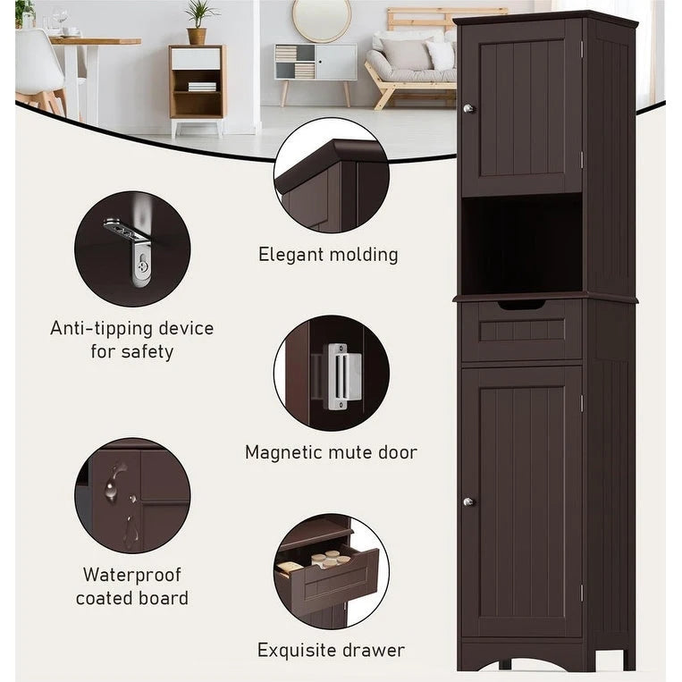 67 Tall Bathroom Narrow Linen Cabinet, 5 Tiers Solid Wood Freestanding Storage Cabinet