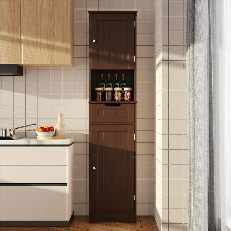 67 Tall Bathroom Narrow Linen Cabinet, 5 Tiers Solid Wood Freestanding Storage Cabinet