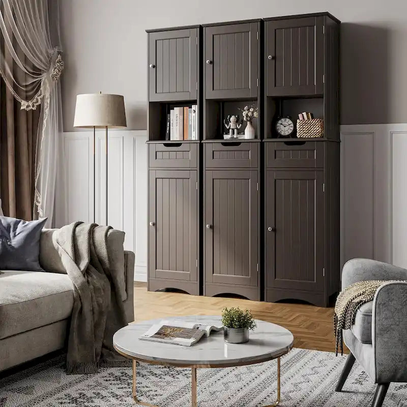67 Tall Bathroom Narrow Linen Cabinet, 5 Tiers Solid Wood Freestanding Storage Cabinet