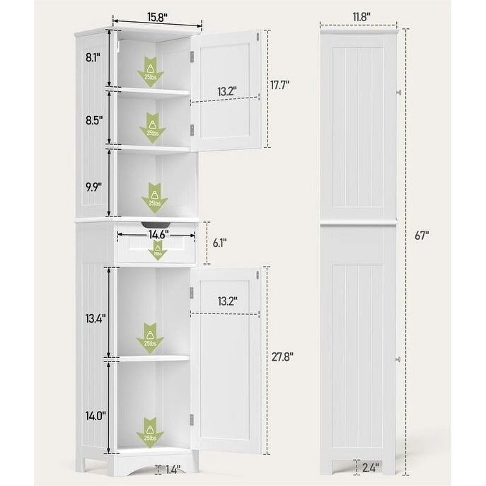 67 Tall Bathroom Narrow Linen Cabinet, 5 Tiers Solid Wood Freestanding Storage Cabinet