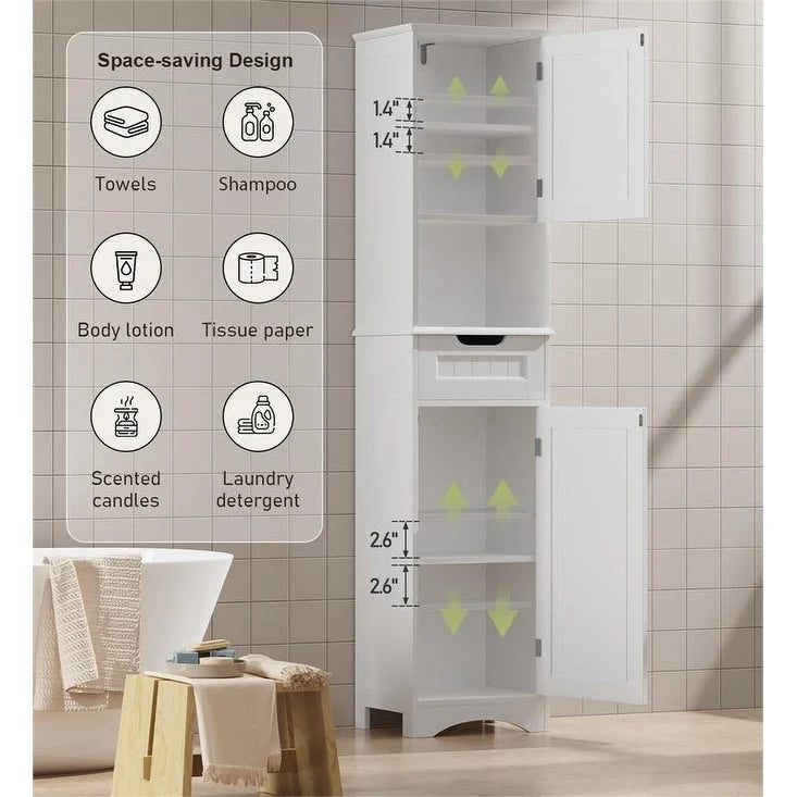67 Tall Bathroom Narrow Linen Cabinet, 5 Tiers Solid Wood Freestanding Storage Cabinet