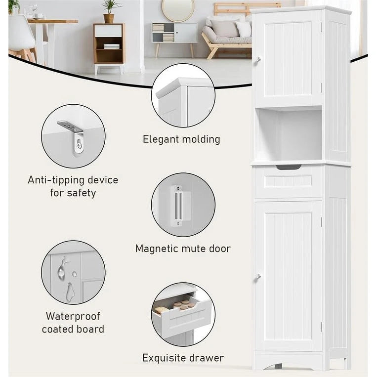 67 Tall Bathroom Narrow Linen Cabinet, 5 Tiers Solid Wood Freestanding Storage Cabinet