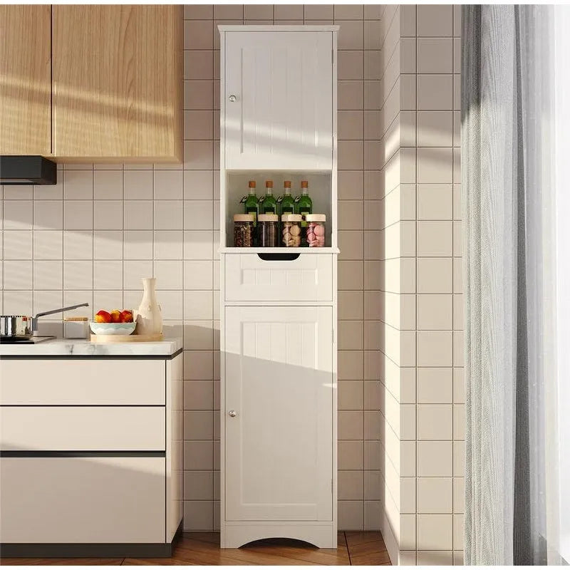 67 Tall Bathroom Narrow Linen Cabinet, 5 Tiers Solid Wood Freestanding Storage Cabinet