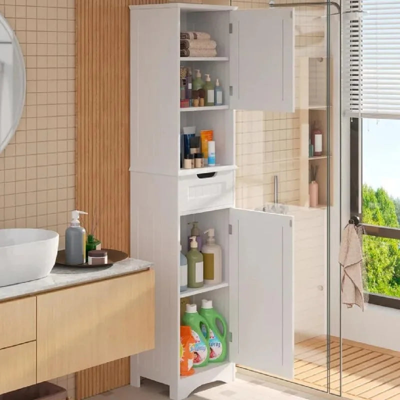 67 Tall Bathroom Narrow Linen Cabinet, 5 Tiers Solid Wood Freestanding Storage Cabinet