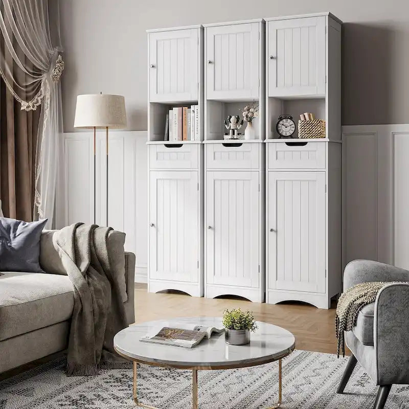 67 Tall Bathroom Narrow Linen Cabinet, 5 Tiers Solid Wood Freestanding Storage Cabinet