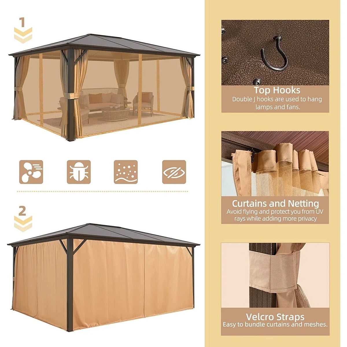 EROMMY Hardtop Gazebo,Outdoor Pergola with Double Roof & Netting & Curtains,Heavy Duty Canopy for Patio, Backyard, Pool party