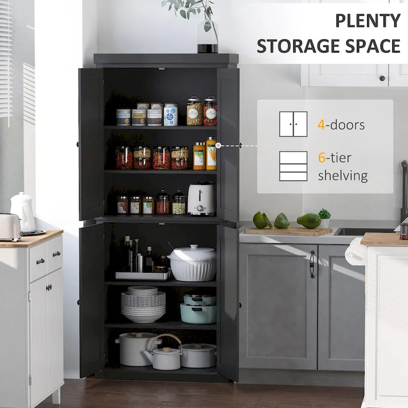 HOMCOM Freestanding Modern 4 Door Kitchen Pantry, Storage Cabinet Organizer with 6-Tier Shelves, and 4 Adjustable Shelves