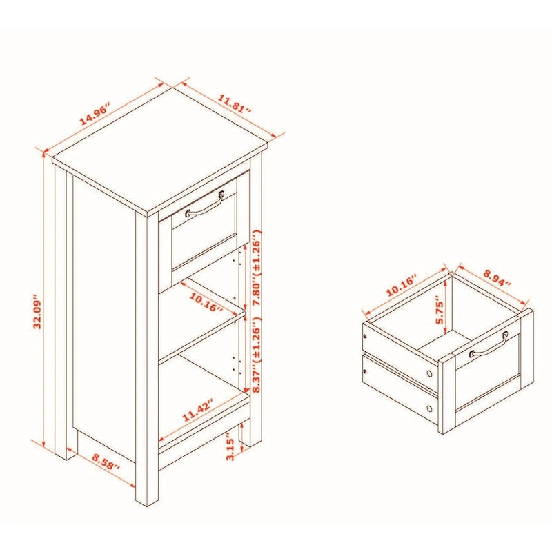 White with Black Hardware MDF Wood 1-Door and 1-Drawer Storage Cabinet - 32.1 H - 32.1 H x 15.1 W x 11.8 D