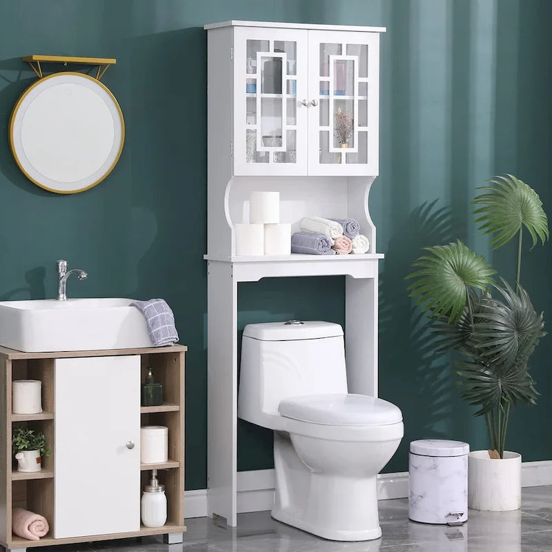 EROMMY Klozet Üstü Saklama Dolabı, 2 Cam Kapaklı ve Ayarlanabilir Raflı Ahşap Banyo Düzenleyici