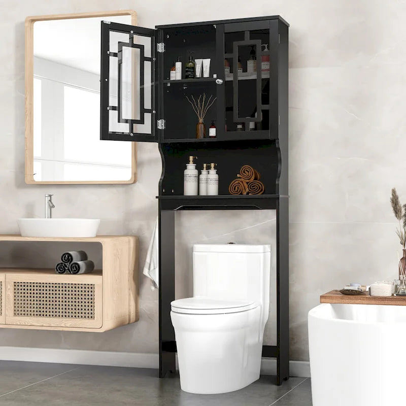 EROMMY Klozet Üstü Saklama Dolabı, 2 Cam Kapaklı ve Ayarlanabilir Raflı Ahşap Banyo Düzenleyici