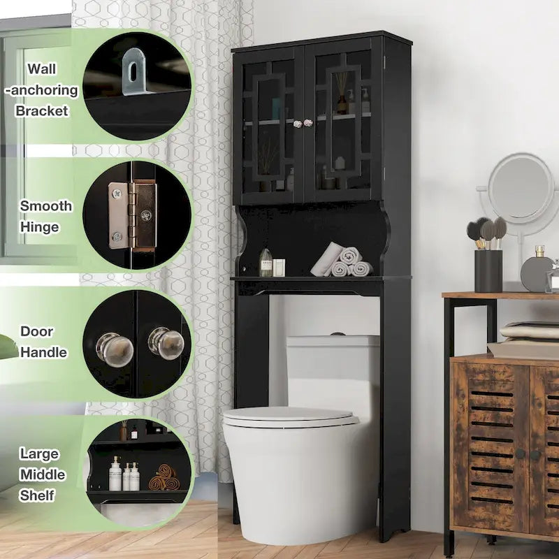 EROMMY Klozet Üstü Saklama Dolabı, 2 Cam Kapaklı ve Ayarlanabilir Raflı Ahşap Banyo Düzenleyici