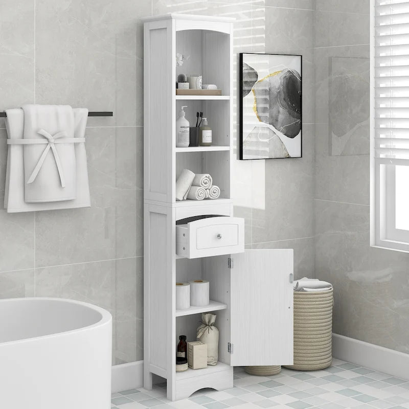 Modern fehér fürdőszobai tárolószekrény állítható polccal és fiókkal – 13.4L x 9.1W x 66.9H