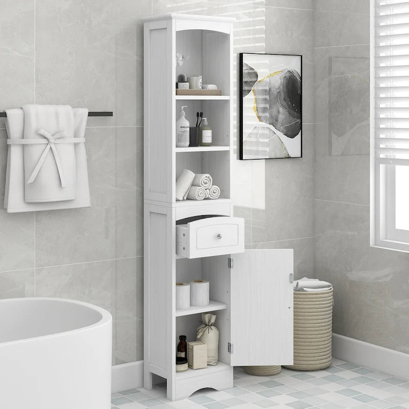 Modern White Bathroom Storage Cabinet with Adjustable Shelf,Drawer - 13.4L x 9.1W x 66.9H