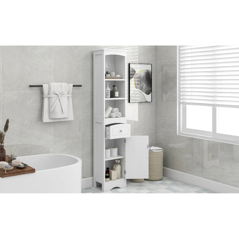 Modern fehér fürdőszobai tárolószekrény állítható polccal és fiókkal – 13.4L x 9.1W x 66.9H