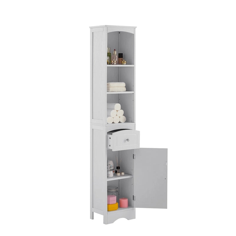 Modern fehér fürdőszobai tárolószekrény állítható polccal és fiókkal – 13.4L x 9.1W x 66.9H