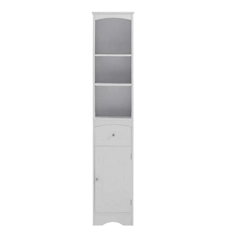 Modern fehér fürdőszobai tárolószekrény állítható polccal és fiókkal – 13.4L x 9.1W x 66.9H
