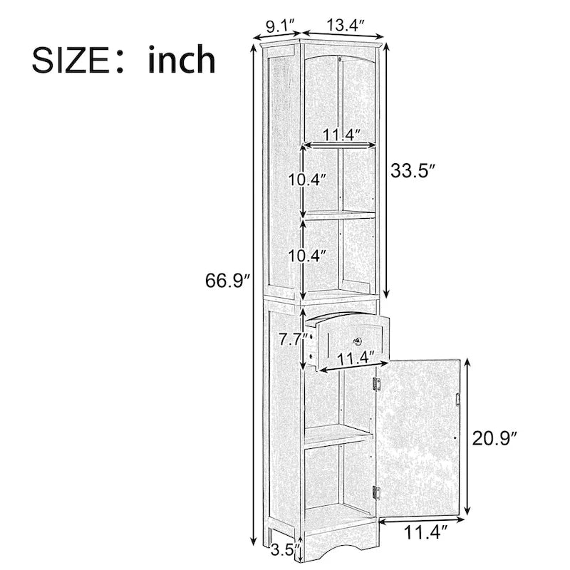 Modern fehér fürdőszobai tárolószekrény állítható polccal és fiókkal – 13.4L x 9.1W x 66.9H