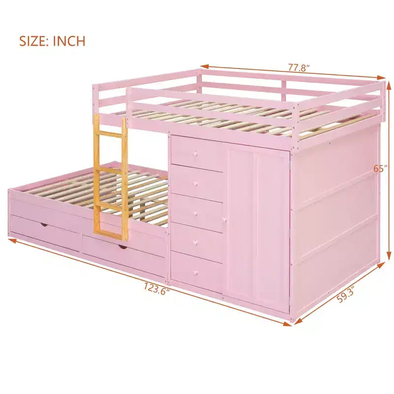 Full over Full Bunk Bed with Storage Wardrobe and Drawers, Full Size Wood Space-Saving Bunk Bed with Guardrail for Apartment, Bedroom