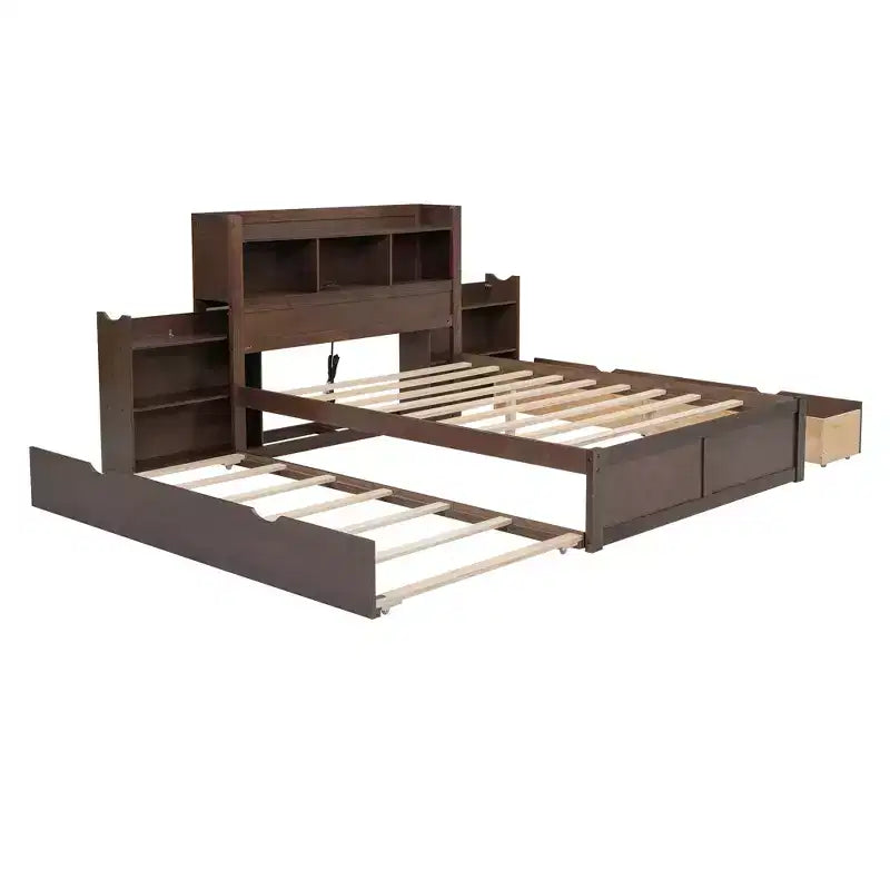 Eenpersoons platformbed met opbergruimte, uitschuifbed, boekenkasthoofdbord en oplaadstation, houten bedframe met planken en laden