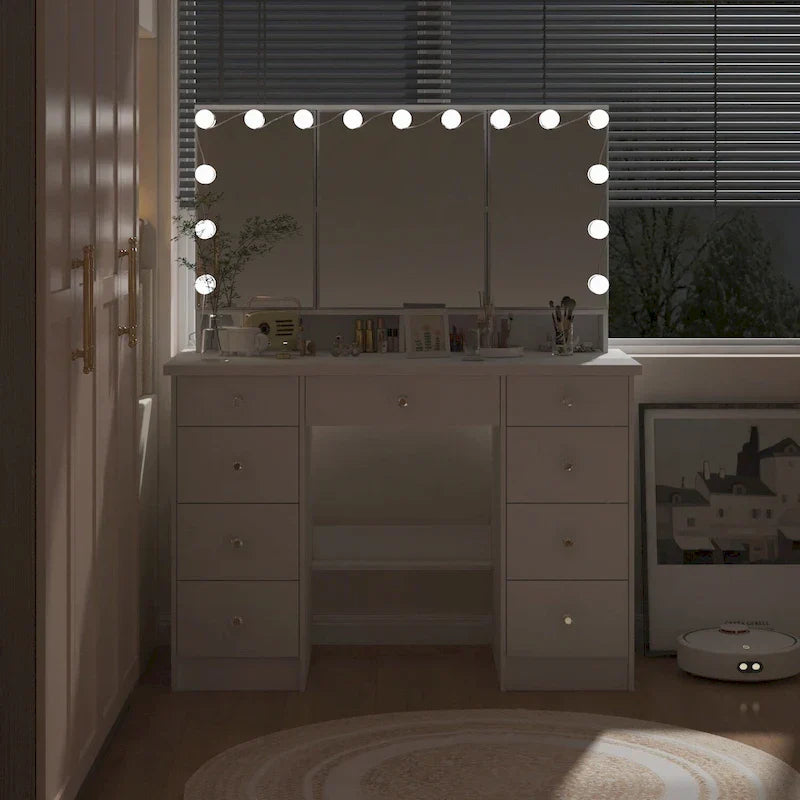 Luksusowa toaletka do makijażu LED z 9 szufladami, elegancka stacja do makijażu