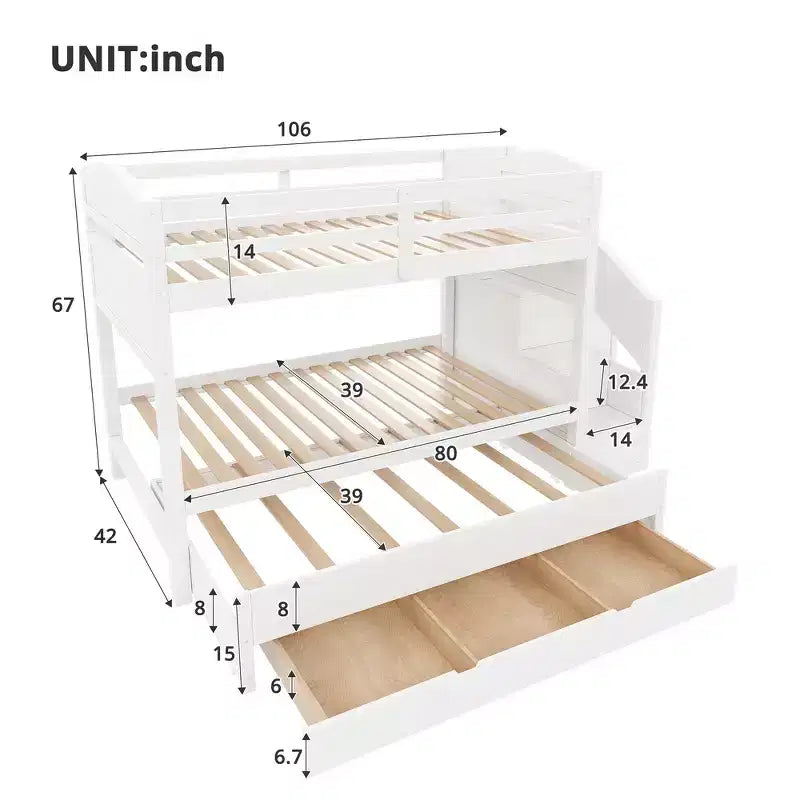 Whisen Twin XL Bunk Bed Frame with Trundle, Bunk Bed with Storage, Bunk Bed with Solid Wood, Storage Staircase, Wardrobe, 3Drawer, for Kids