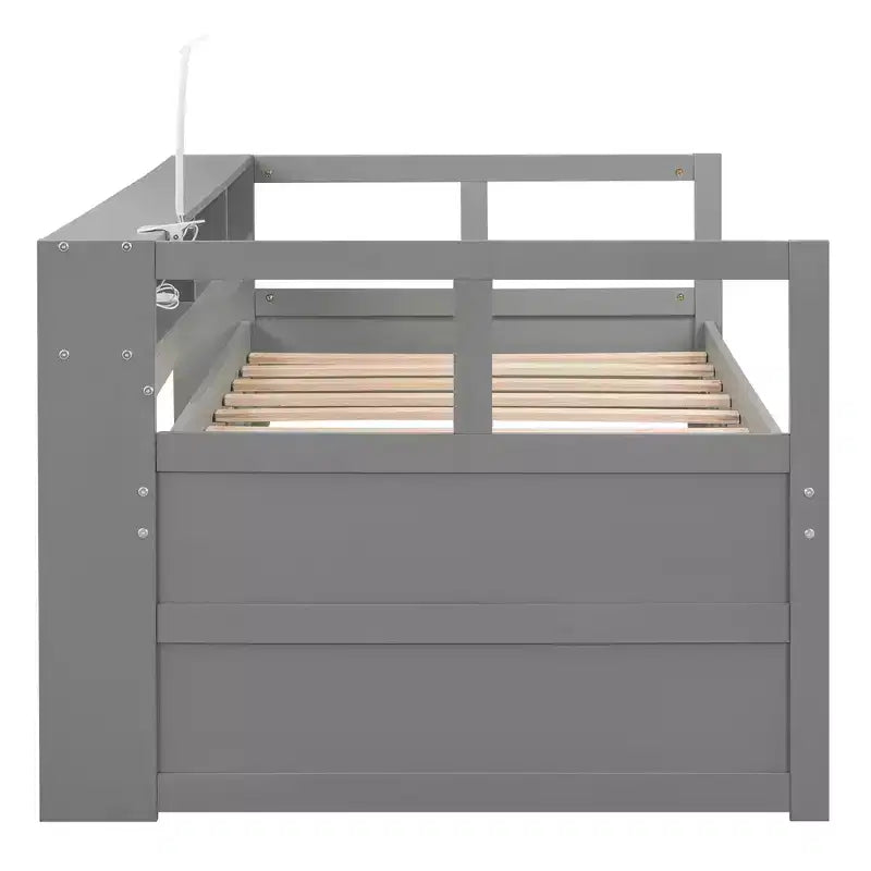 Whisen Twin XL Wood Daybed with 2 Trundles, 3 Storage Cubbies, 1 Light for Free and USB Charging Design