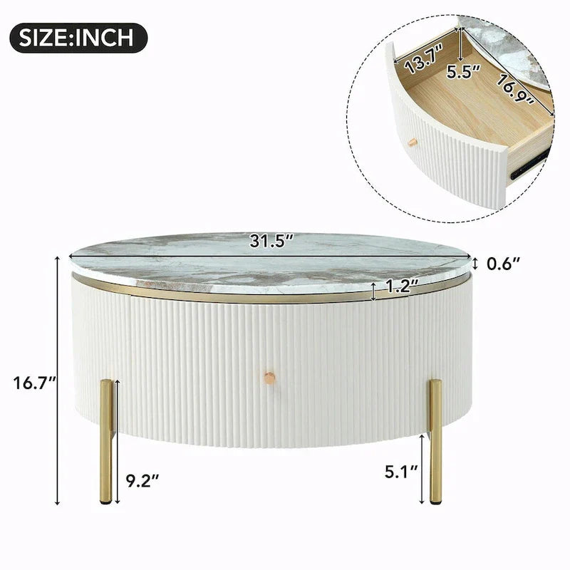 31.5 Modern Round Coffee Table with Large Drawer Storage