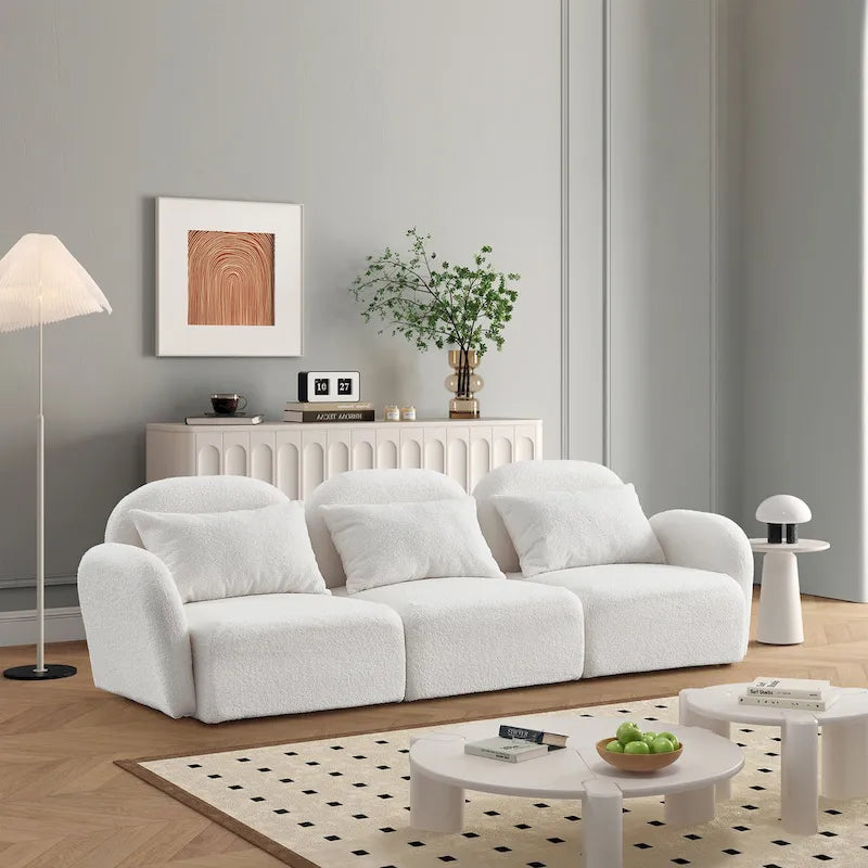 Woonkamermeubel driezits relaxbank van teddy-stof, wit