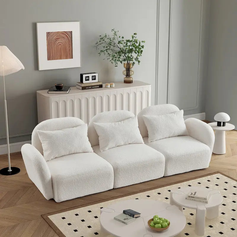Woonkamermeubel driezits relaxbank van teddy-stof, wit