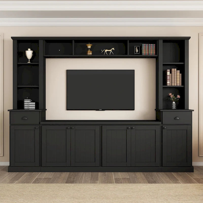 Entertainment Unit with Bridge, TV Stand with Adjustable Shelves for TVs Up to 75, Two Media Consoles