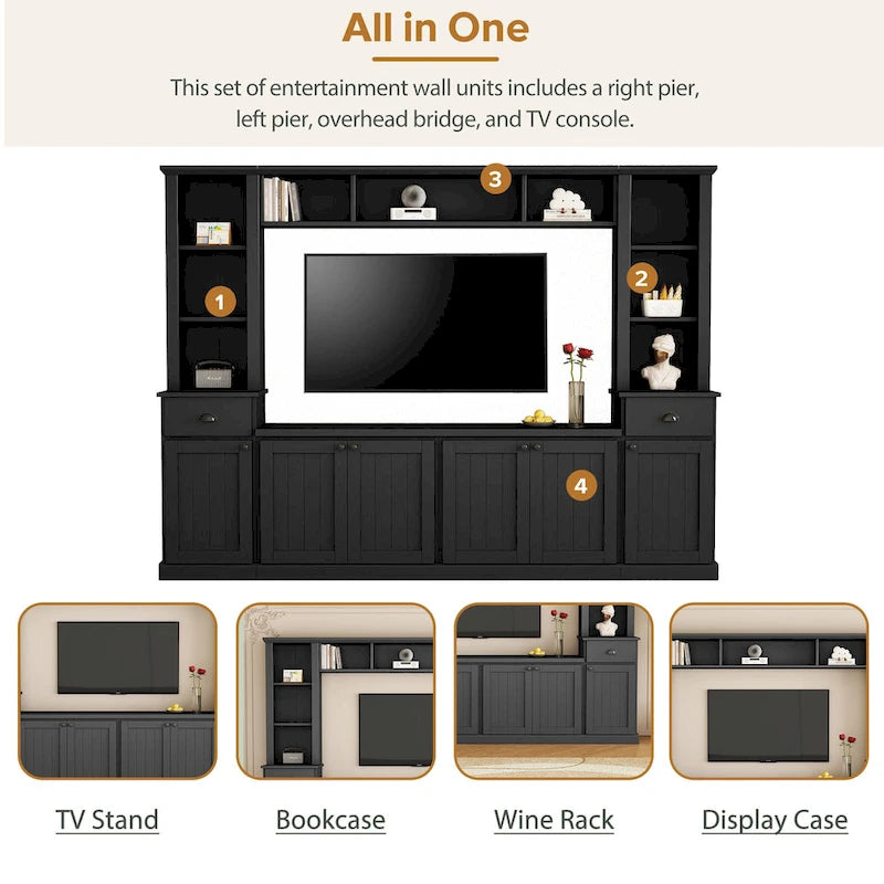 Entertainment Unit with Bridge, TV Stand with Adjustable Shelves for TVs Up to 75, Two Media Consoles