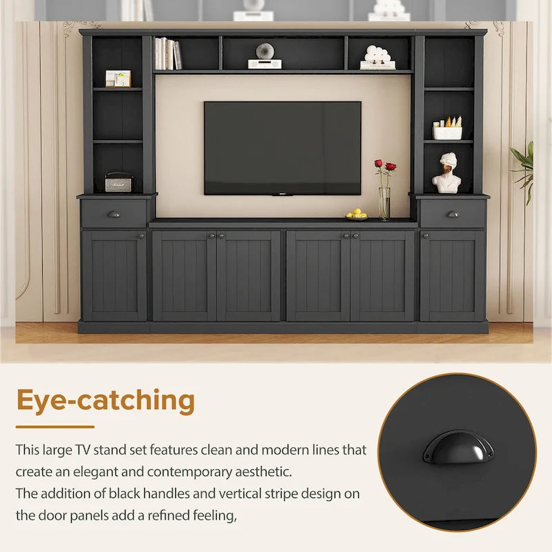 Entertainment Unit with Bridge, TV Stand with Adjustable Shelves for TVs Up to 75, Two Media Consoles